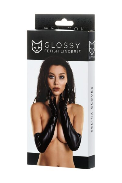 13365-1 Glossy Selina Gloves, черные. Перчатки из материала Wetlook выше локтя. Размер M