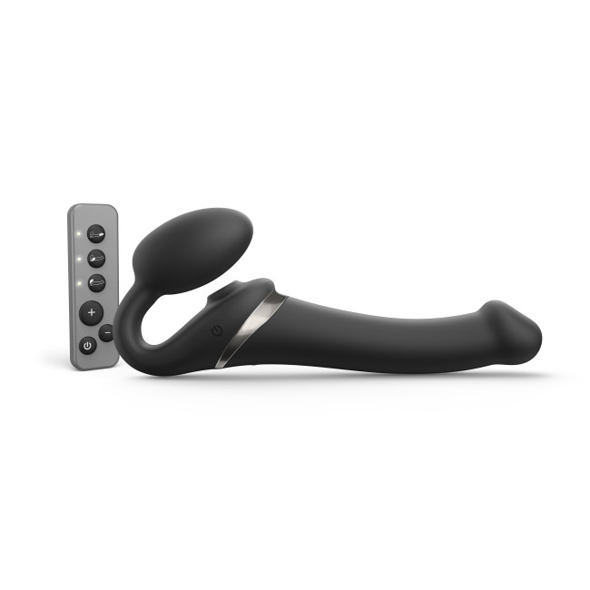 3895 Вибрострапон Strap-On-Me Multi Orgasm с 3 моторами и клиторальным стимулятором, M, черный. Безремневой страпон с вибрацией с пультом