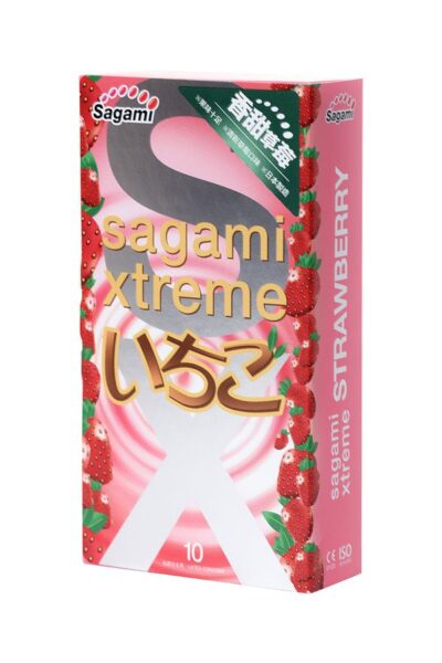 3561 Sagami Xtreme Strawberry, 10 шт. Презервативы ультратонкие, с ароматом клубники. Упаковка по 10 шт.