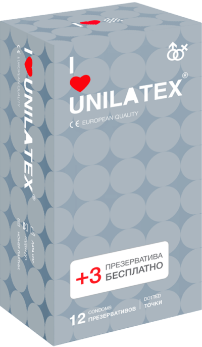 3260-1 Unilatex Dotted. Презервативы c пупырышками. Упаковка по 12+3 шт.в подарок
