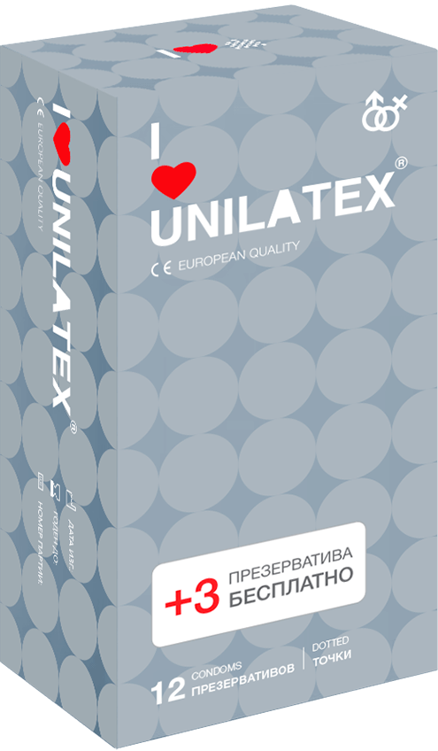 3260-1 Unilatex Dotted. Презервативы c пупырышками. Упаковка по 12+3 шт.в подарок