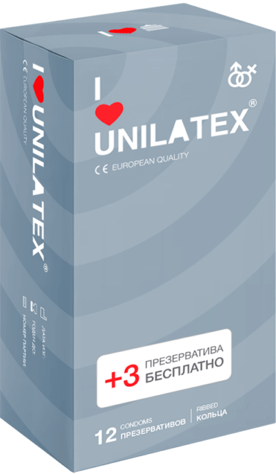 3259-1 Unilatex Ribbed. Презервативы c кольцами. Упаковка по 12+3 шт.в подарок