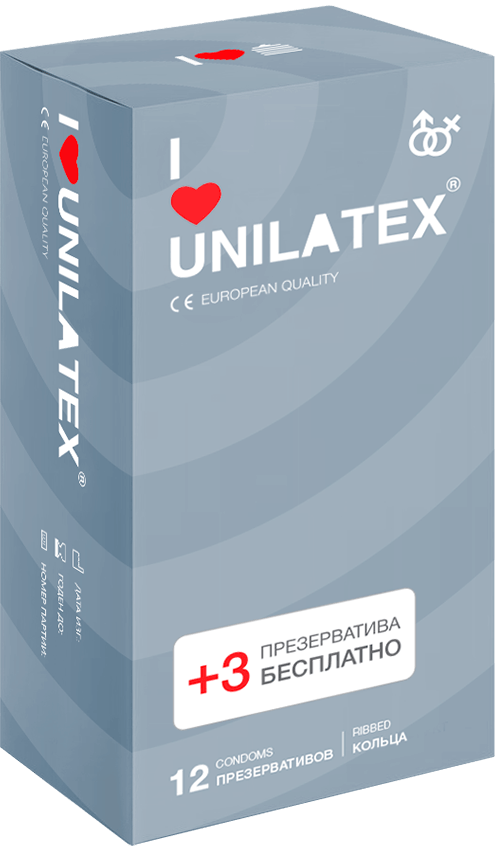 3259-1 Unilatex Ribbed. Презервативы c кольцами. Упаковка по 12+3 шт.в подарок
